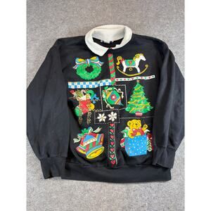 VTG 80s 90s Karen Blake Christmas Grandma Sweater Womens L Black Retro Holiday